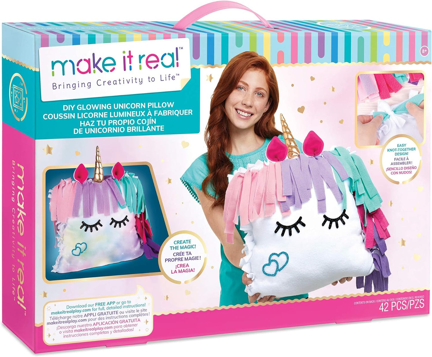 Make It Real - DIY Glowing Unicorn Pillow - DIY Arts and Crafts Kit for Kids - Includes Color Changing Lights