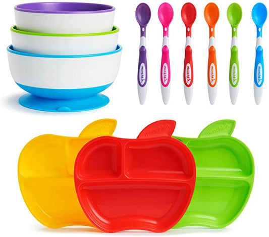 Munchkin Weaning Set, Includes 3x Stay Put Suction Bowls, 3x Little Apple Divided Plates & 6x Soft Tip Spoons