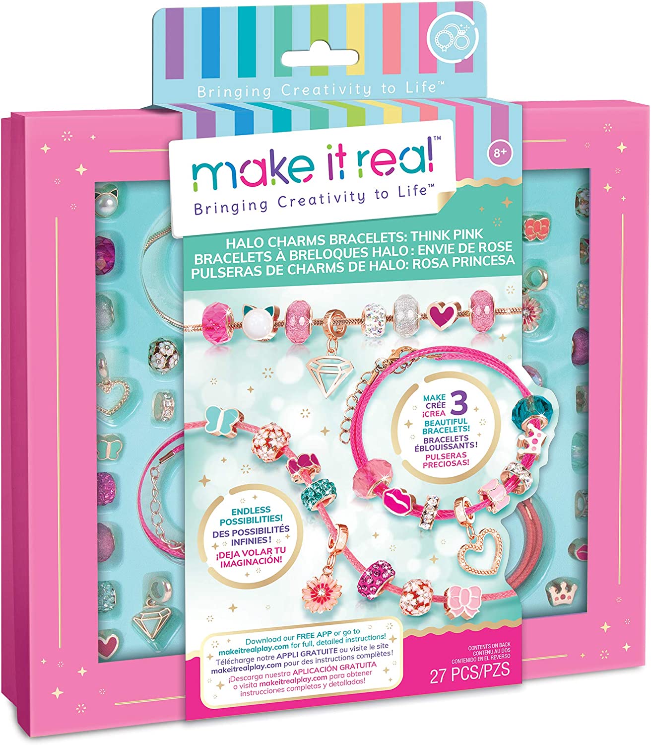 Make It Real Pink Friendship Bracelet Making Kit with Halo Charms and Beads! - Kids Jewellery - Gifts for Girls