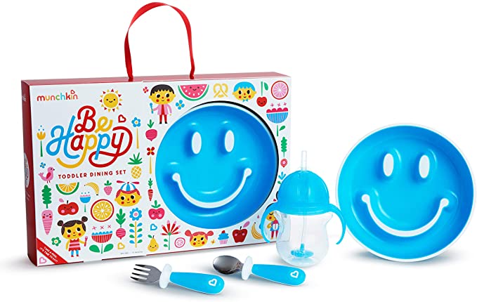 Munchkin Be Happy Toddler Dining Set, Includes Suction Plate, Straw Cup and Utensil Set